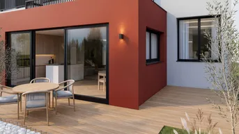 Moderne Terrasse mit Holzboden und Sitzgelegenheiten, direkt am Wohnbereich gelegen.