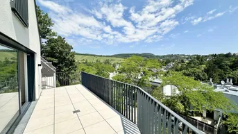 Lange, schmale Terrasse mit moderner Brüstung und weitem Blick über die grüne Umgebung.