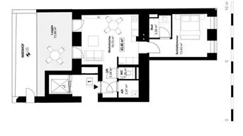 Grundriss einer Wohnung mit Wohnküche, Schlafzimmer, Bad, WC und Loggia.