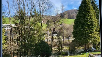 Blick aus dem Fenster auf grüne Hügel, Bäume und einen Flusslauf unter blauem Himmel.