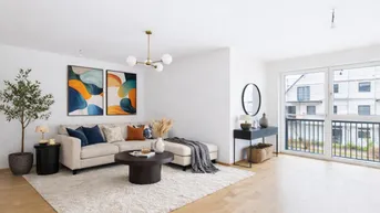 Helles Wohnzimmer mit modernem Sofa, Teppich und Zugang zu einem Balkon.