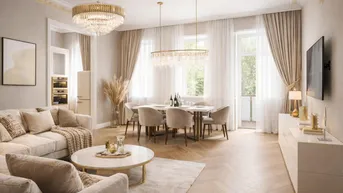 Eleganter offener Wohn-Essbereich mit luxuriösen Kronleuchtern, beigem Sofa und Zugang zu einem Balkon.