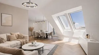 Helles Dachgeschoss-Wohnzimmer mit Schrägfenstern, Parkettboden und modernem Essbereich.
