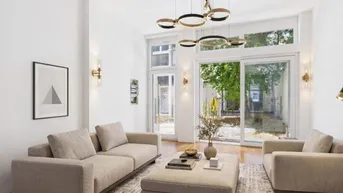 Helles Wohnzimmer mit großen Fenstern, Holzboden und modernem Mobiliar mit Blick auf den Innenhof.