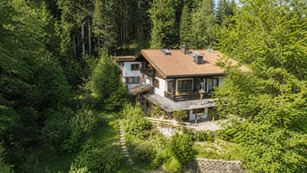 Idyllisches Haus umgeben von dichtem Wald und grüner Natur in den Bergen.