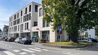 Modernes Gebäude mit Geschäften im Erdgeschoss, Parkplätzen an der Straße und einem großen Baum.