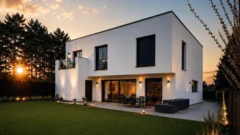 Moderne Villa mit weißer Fassade, großem Garten und beleuchteter Terrasse bei Sonnenuntergang.