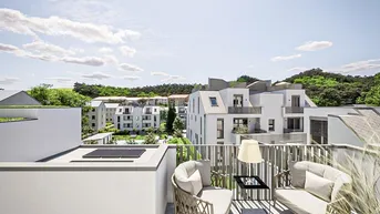 Moderne, möblierte Terrasse mit bequemen Sitzgelegenheiten und weitem Blick auf die umliegenden Neubauten und grüne Landschaft.