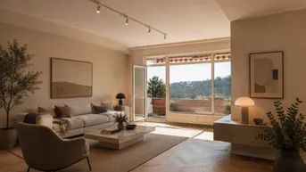Helles Wohnzimmer mit Fischgrätparkett, großen Fenstern und Zugang zu einem Balkon mit Weitblick ins Grüne.