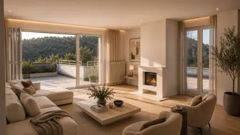 Helles, modernes Wohnzimmer mit Kamin, Holzboden und direktem Zugang zu einer großen Terrasse mit Grünblick.