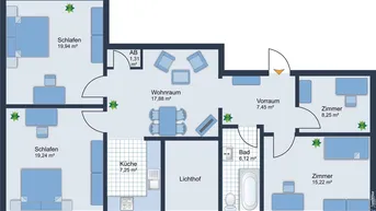 Detaillierter Grundriss der Wohnung mit mehreren Schlafzimmern und offenem Wohnbereich.