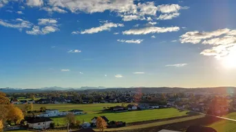 Weitläufiger Blick über grüne Felder und eine Siedlung mit Bergen am Horizont unter blauem Himmel.