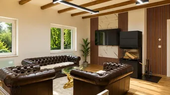 Modernes Wohnzimmer mit Holzbalkendecke, Kamin und Chesterfield-Sofas.