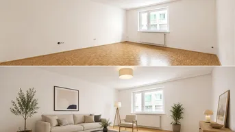 Heller Wohnraum mit Parkettboden, virtuell als gemütliches Wohnzimmer inszeniert.