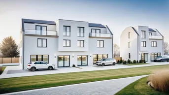 Moderne weiße Mehrfamilienhäuser mit Balkonen, großen Fenstern und gepflasterten Parkplätzen.