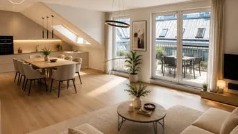 Moderner offener Wohn-Essbereich mit integrierter Küche, Holzboden und Zugang zur Dachterrasse.