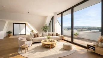 Helles, modern eingerichtetes Wohnzimmer mit großen Fensterfronten und Zugang zur Terrasse mit Seeblick.