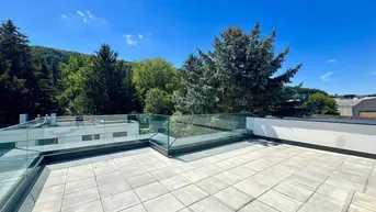 Große Dachterrasse mit modernen Glasgeländern und weitem Blick ins Grüne unter blauem Himmel.