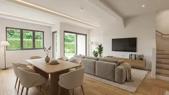 Moderner, lichtdurchfluteter Wohn-Essbereich mit Holzboden, großen Fenstern und Zugang zum Garten.