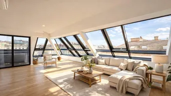 Helles Wohnzimmer mit großen Dachfenstern, Holzboden und moderner Einrichtung.