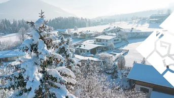 Winterliche Landschaft mit verschneiten Häusern und Bergen im Hintergrund, umgeben von Nadelbäumen.