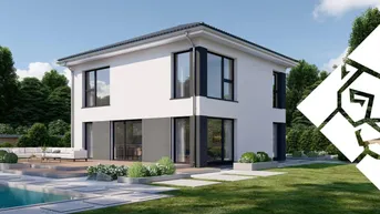 Moderne Neubauvilla mit weißer Fassade, großen Fenstern und einem Pool im Garten.