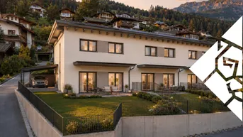 Moderne Reihenhäuser mit gepflegten Gärten, Carport und Bergblick bei Sonnenuntergang.
