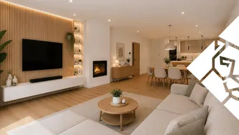 Moderner offener Wohn-Essbereich mit Kamin, Holzwand und integrierter Küche.