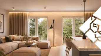 Helles, offenes Wohn- und Esszimmer mit moderner Einrichtung, Holzboden und Blick ins Grüne.