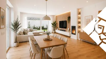 Helles, offenes Wohn- und Esszimmer mit Holzboden, Kamin und Zugang zum Garten.