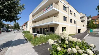 Modernes Mehrfamilienhaus mit Balkonen und gepflegter Außenanlage an einer Straße gelegen.