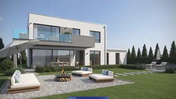 Moderne Hausfassade mit großzügigem Garten, Feuerstelle und gemütlichen Outdoor-Sitzgelegenheiten.