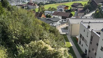 Panoramablick über eine grüne Landschaft mit einem Dorf und majestätischen Bergen im Hintergrund unter blauem Himmel.