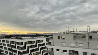 Panoramablick über die Stadt mit modernen Gebäuden und Baukranen unter bewölktem Himmel.