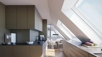 Moderne Küche im Dachgeschoss mit schrägen Wänden, Dachfenstern und Holzboden.