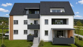 Moderne Wohnanlage mit weißer Fassade, dunklem Dach und Balkonen in grüner Umgebung.