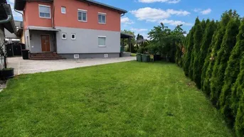 Großer, gepflegter Rasenbereich mit hoher Hecke und Blick auf das zweifarbige Haus.