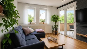Helles Wohnzimmer mit Holzboden, bequemer Couch und Zugang zu einem Balkon mit grüner Aussicht.