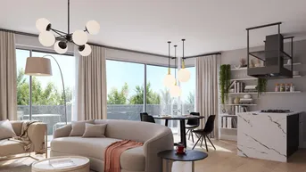 Moderner offener Wohn-Essbereich mit integrierter Küche, großen Fenstern und Zugang zur Terrasse.