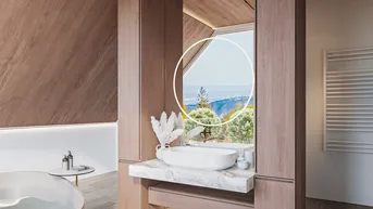 Modernes Badezimmer mit freistehender Badewanne, Holzverkleidung und Bergblick durch das Fenster.