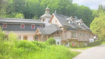 Großes Anwesen im alpinen Stil mit Holzelementen und einem markanten Turm, umgeben von üppiger Natur.