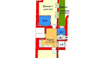 Grundriss der Wohnung mit zwei Zimmern, Küche, Bad, WC und Balkon-Terrasse, inklusive Liftzugang.