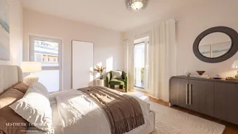 Helles Schlafzimmer mit Doppelbett, modernem Dekor und Zugang zum Balkon.