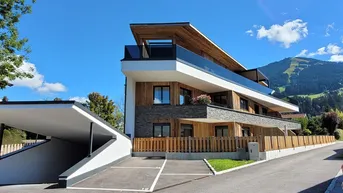 Modernes Gebäude mit Holz- und Steinfassade, Carport und Bergblick unter blauem Himmel.