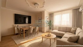 Helles Wohn- und Esszimmer mit Stuckdecke, Parkettboden und moderner Einrichtung.
