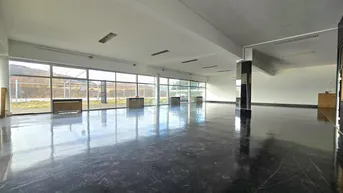 Weitläufiger Gewerberaum mit großen Fensterfronten und glänzendem dunklem Boden.