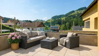 Geräumige Terrasse mit bequemen Outdoor-Möbeln und weitem Blick auf die grüne Hügellandschaft.