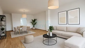 Heller, offener Wohn- und Essbereich mit modernem Design, Holzboden und bequemen Möbeln.