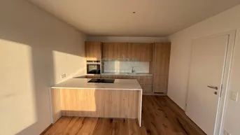 Moderne Küche mit Holzelementen, Kücheninsel und integrierten Geräten, hell beleuchtet durch natürliches Licht.