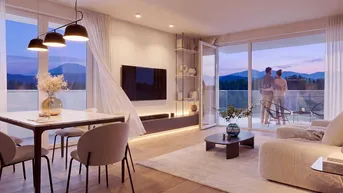 Heller Wohn- und Essbereich mit Holzboden, modernen Möbeln und Zugang zum Balkon mit Bergblick.